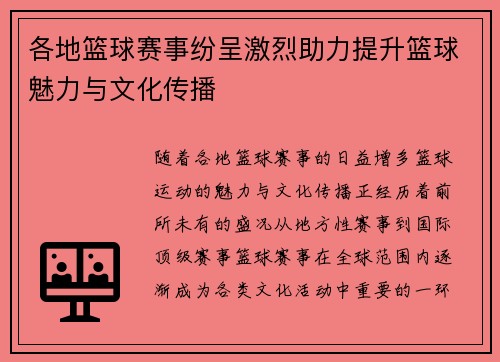 各地篮球赛事纷呈激烈助力提升篮球魅力与文化传播