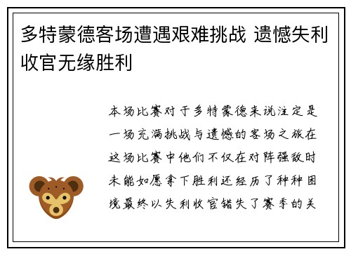 多特蒙德客场遭遇艰难挑战 遗憾失利收官无缘胜利