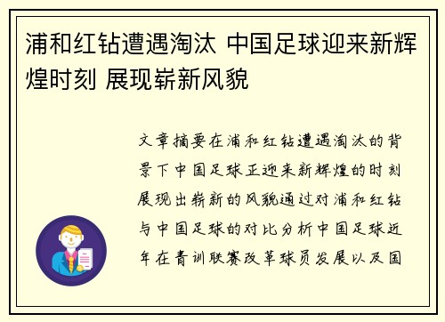 浦和红钻遭遇淘汰 中国足球迎来新辉煌时刻 展现崭新风貌