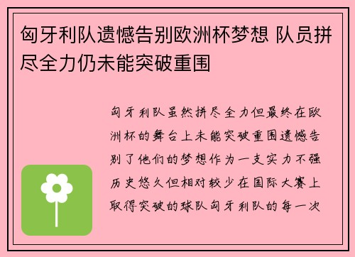 匈牙利队遗憾告别欧洲杯梦想 队员拼尽全力仍未能突破重围