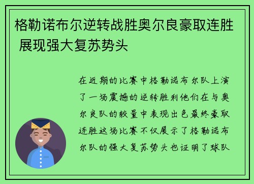 格勒诺布尔逆转战胜奥尔良豪取连胜 展现强大复苏势头