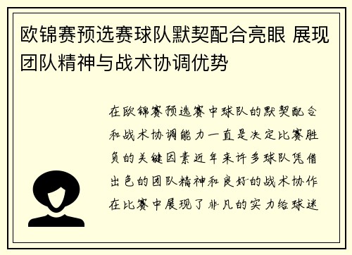 欧锦赛预选赛球队默契配合亮眼 展现团队精神与战术协调优势