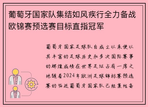 葡萄牙国家队集结如风疾行全力备战欧锦赛预选赛目标直指冠军