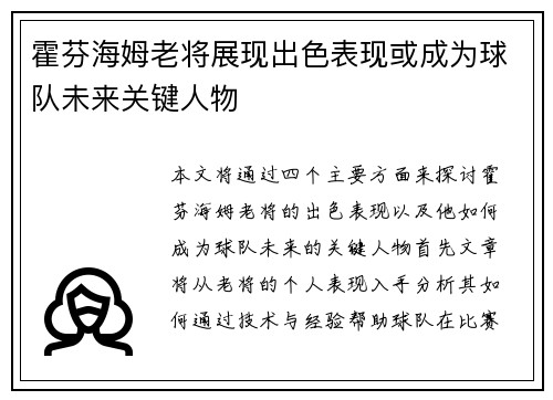 霍芬海姆老将展现出色表现或成为球队未来关键人物