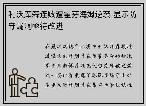 利沃库森连败遭霍芬海姆逆袭 显示防守漏洞亟待改进